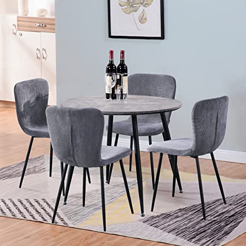 GOLDFAN Round Dining Table and Chairs Set 4,90cm Marble Effect Kitchen Table with 4 Velvet Chairs,5 Piece Wooden Dining Room Set,Grey