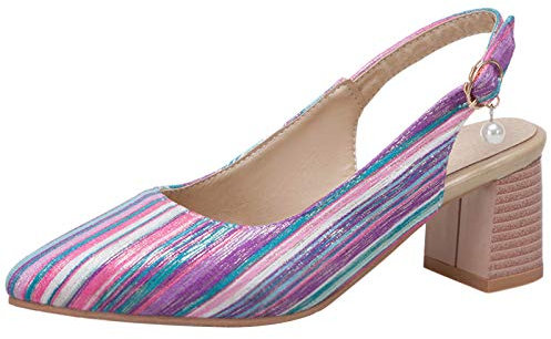 MJIASIAWA Donna Slingback Estate Festa Prom Appuntito Scarpe Lovley Block Tacco Medio Pump Bridal Viola Numero 35 EU