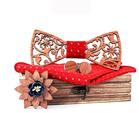 Noeud Papillon en Bois, Ensemble de 4 Pièces Broche et Carré de Poche, Fait Main, Accessoire Mode