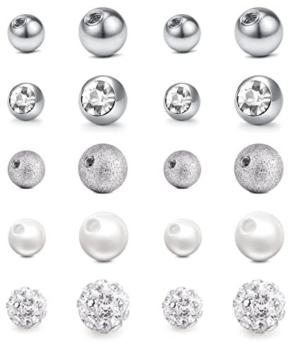 Mayhoop 10 Paar 14G 5mm/8mm Piercing Kugeln Bauchnabelpiercing Kugeln Chirurgenstahl Kunststoff Ersatzkugeln Perle Kristallkugeln für Bauchnabelpiercing für Frauen Silber