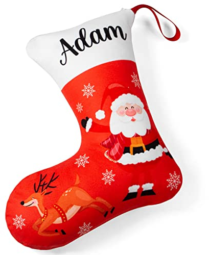 Weihnachtsstrumpf Personalisiert mit Namen für Kinder 2 in 1: Weihnachtskissen & Strumpf für Weihnachten zum Befüllen & Aufhängen mit Kissenfüllung 28 x 25 x 17 cm Motiv Weihnachtsmann Nikolaus [156]