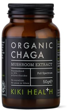 KIKI Health Organic Chaga Extract Mushroom Powder | Standardised to 30% Beta-Glucan-Rich Polysaccharides | Digestion, Energy, & Immune Support | Non-GMO, Vegan - 50g