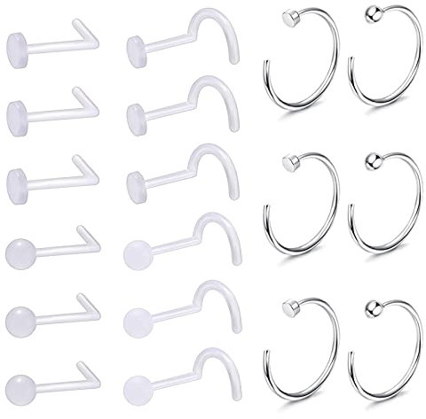 BodyAce Clear Piercing Retainers Acryl Bioflex Nasenpiercing, Plastik Lippenpiercing Tragus Piercing Ohrknorpel Ohrringe, Septum Reifen Zungenpiercing Bauchnabel Schmuck[B:20G-18Stücke]