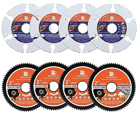 Circular Saw Blade 2inch - BRSCHNITT 4PCS 72T Cutting Discs & 4pcs 2 Carbide Multi Wheel 10mm Bore for Cutting Wood, Copper, Aluminum, Plastic and Soft Metal