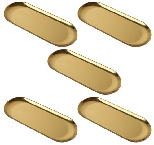 AHAQU 5 Sets Oval Gold Dish, Gold Trinket Serving Tray, Towel Storage Dish Plate, Tea Fruit Trays Cosmetics Jewelry Plate used in Bedroom, Kitchen, Living Room, Bathroom