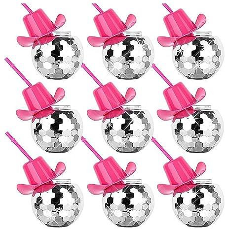 Ctwezoikmt 9 Stück Sphärische Weingläser Partybecher mit Trinkhalmen Cocktailgläser Hut Vergoldete Trinkgläser Glänzendes Silber & Pink
