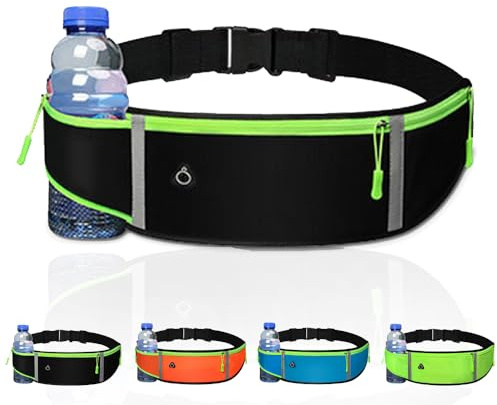 Riñonera Running Hombre y Mujer. Cinturón para Correr con Porta Botella. Riñoneras Deportiva Impermeable para Deporte, Viaje o Trekking. Cinturones Elásticos y Ajustables para Móvil y Agua. (Negro)
