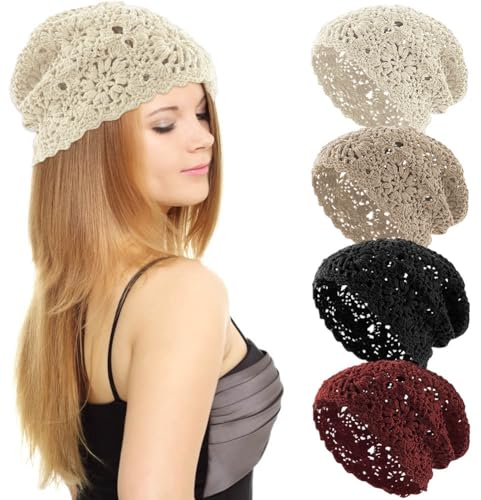 KABAKE Frauen Baumwolle Häkelmütze Handgemachte Strick Floral Slouchy Beanie Hut Gestrickte Cutout Sommer Schädel Cap, 4 Stück