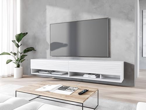 MINIO go for it - Lowboard TV-Schrank I 180x30x33 cm I mit Türen und Offene Nischen I Laminierte Spannplatte I Praktisch und Funktionell I Weiß/Welle Muster - LED Beleuchtung