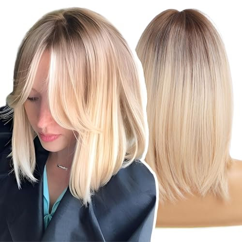 WOKESTAR Kurzes Blond mit Dunklen Wurzeln Farbe Perücken für Frauen, Bob Style Synthetische Hitzebeständige Bob Perücken
