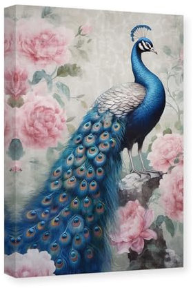 CXHOSTENT Blauer Pfau Wanddekoration Tier-Leinwand-Kunst Eleganter Pfau und Rosa Blumen Gemälde Druck Heimdekoration Rahmen (Pfau - 2, 40.00 x 60.00 cms)