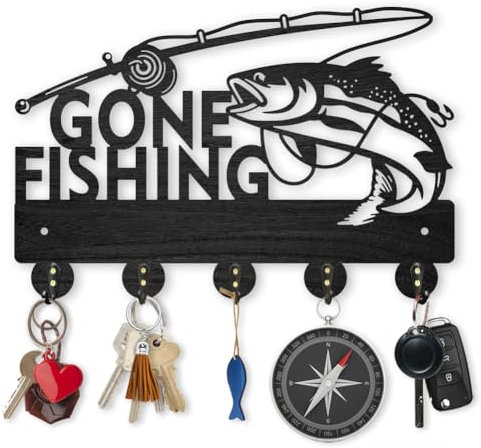 MAYJOYDIY Porte Clés Mural en Bois Gone Fishing en forme de poisson 30 x 20 cm avc 5 crochets en alliage pour entrée, porte d'entrée, cuisine, cadeau pour amateur de pêche