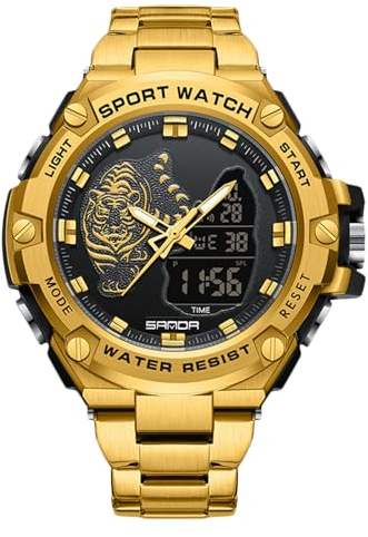 rorios Herren Elektronische Dual Display Uhr 5ATM wasserdichte Armbanduhr Digital Analog Quarz Uhren Multifunktional Militär Herrenuhren Edelstahl Armband Schwarz Gold A