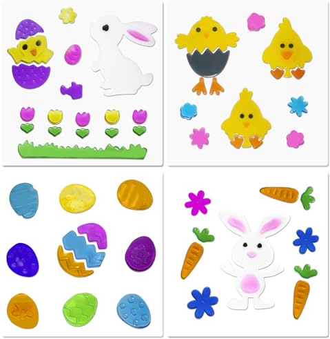 4 pezzi Easter Gel Window Clings Decorations adesivi per finestre di Pasqua, adesivi decorativi per finestre in gel pasquali per bambini, adesivi in gel stampati adesivi con coniglietto carota uovo