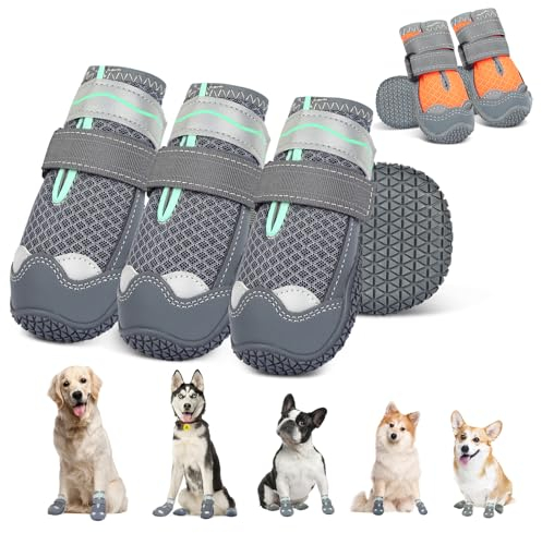 Sezlinver Hundeschuhe mit Rutschfester Sohle, 4er Pack Verstellbarer Pfotenschutz mit reflektierenden Bändern, waschbare und atmungsaktive Hundeschuhe für kleine, mittlere und große Hunde (8), Grey