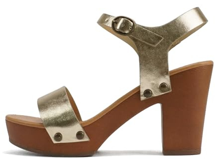Soda CHIVAS ~ Damen Sandalen mit kräftigen Schnallen, Keilabsatz, Gold PU, 39 EU