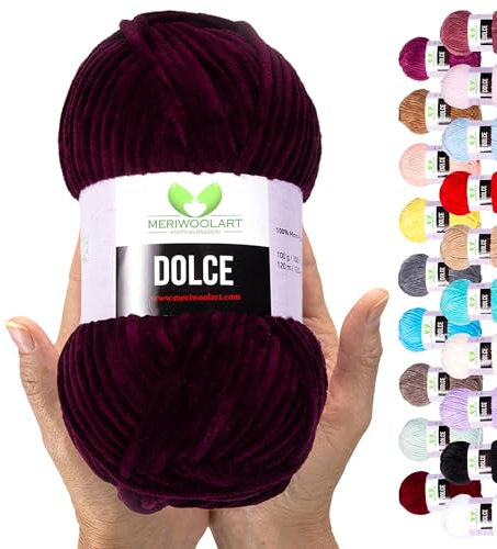 MeriWoolArt Chenille Garn zum Stricken und Häkeln Bordeaux - 100 g und 120 m Samt-Wolle - 100% Flauschige Polyester Strickgarn für Amigurumi Kissen Decken weiche Kleidung Geschenke