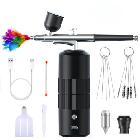 Kit Aerógrafo con Compresor Profesional Airbrush, 36 PSI aerógrafo inalámbrico Recargable para Tatuajes, Maquillaje, uñas, Modelo, Arte Hobby - para Profesionales y Principiantes (Black-A05)