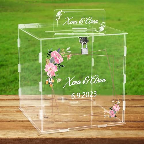 Wxexopowk Boîte à Cartes de Mariage en Acrylique - Boîte à Cartes de Mariage Personnalisée, Urne Mariage champetre, avec Serrure et Fente pour Réception de Mariage Fête, D’anniversaire, Baby Shower