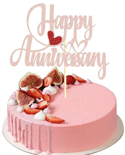Sotpot 1 Pack Happy Anniversary Cake Topper Rose Gold Glitter Cake Topper for Company Birthday Wedding Anniversary Party Decorations Supplies