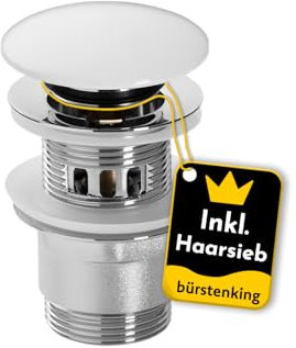 Bürstenking Ablaufgarnitur Waschbecken – Ablaufventil mit Haarsieb – für Waschbecken & Waschtisch – 1 1/4 Anschlussgewinde – Push-Open Funktion – mit Überlauf – 6,0 cm – ø 66 mm – Chrom Weiß
