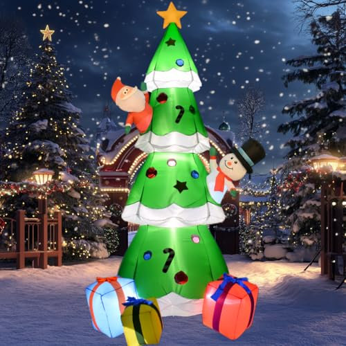 ZXSWONLY Árbol de Navidad inflable verde de 9 pies con luces LED integradas, decoración de Navidad inflable con Papá Noel y muñeco de nieve caja de regalo para el jardín de Navidad