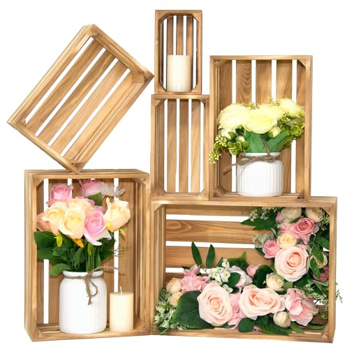 6 Pcs Wooden Crates for Display, Nesting Wood Crate for Storage, 6 Size