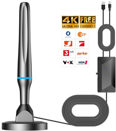 DVBT2 Antenne, zimmerantenne DVB-T & DVB-T2 Antennen mit Verstärker, Großer Reichweite und 360° Empfang, Zimmerantenne für Fernseher mit Starkem Magnetfuß, Geeignet für 4K 1080p & Alle TV-Geräte