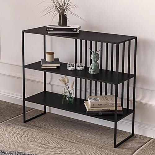 Console moderne rectangulaire noire avec 2 étagères et cadre en métal - Meuble de couloir idéal pour entrée, salon, chambre à coucher - Longueur 70 cm