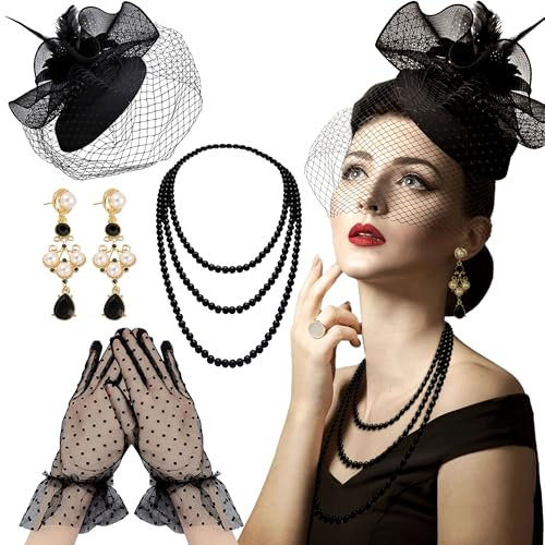 BACH AND BOUJEE Schwarzer Tea Party Hut Handschuhe Frauen Fascinators Hüte Handschuhe Perlenkette Ohrringe Choker für Hochzeit Braut Shower Geburtstag Tea Party