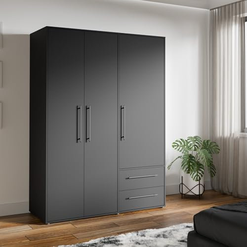 Forte Jupiter Kleiderschrank 140 150, 3-türiger Drehtürenschrank mit 2 Schubladen, Einlegeböden, Kleiderstange, Holzwerkstoff, Schwarz Matt, 144,4 cm breit, 200,1 cm hoch, 58,8 cm tief