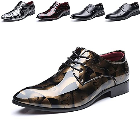 Hitmars Derby Shoes for Men Business Oxford Shoes Brogue Patent Leather Mens Dress Shoes Lace-Ups Formal Slip-On 1 Gold UK 8.5