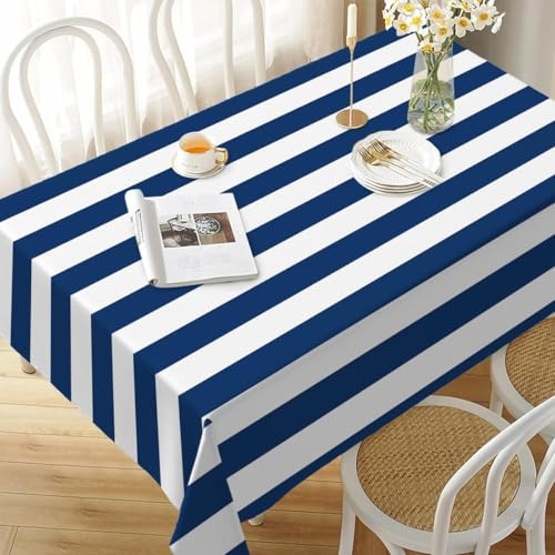 Tischdecke Outdoor Streifen Tischdecken Abwaschbar 3D Blau Weiß Tischdecke Wetterfest Wasserdicht für Party Biertisch, 140x180 cm P/Q2830