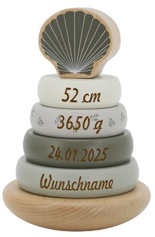 Elefantasie Stapelturm aus Holz personalisierbar mit Name und Datum Baby Geschenk mit Gravur (Oliv)