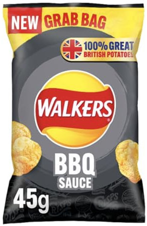 Walkers BBQ Sauce Crisps Multipack – Smoky & Tangy BBQ-Flavored Potato Chips, Case of 32 x 45g Grab Bags