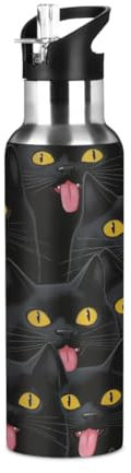 Mexpekil Bouteilles d'eau isothermes en acier inoxydable avec paille et gourde étanche pour enfants et adultes - Motif chat noir - 600 ml