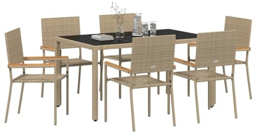 vidaXL Garden Dining Set 7 pcs Beige Poly Rattan, Stylish Outdoor Dining Set, Rectangular Garden Furniture, Modern Poly Rattan Patio, Durable Steel Frame Table, Acacia Armrest