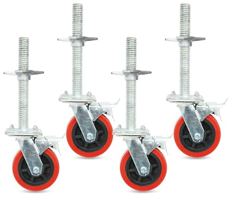 bimiti Juego de 4 ruedas de andamio con patas ajustables de 6 pulgadas, rueda de goma de bloqueo resistente para torre de andamios