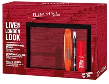 Rimmel London Cofanetto Regalo Live Your London Look, Pochette con Mascara ScandalEyes Reloaded, Matita Occhi ScandalEyes Kohl Black Waterproof e Rossetto Liquido Thrill Seeker Lip Latex, Idea Regalo