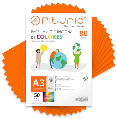 OFITURIA Buntes Papier, 50 Blatt A3 80g – Farbiges Papier für Basteln, Drucker, Scrapbooking – Farbbögen (Orange, 50 Blatt)