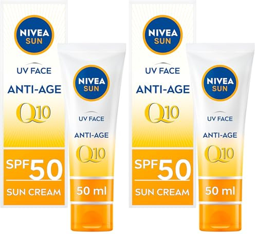 NIVEA UV Face SPF50 Q10 Anti-Age, 0% weiße Rückstände (50 ml), Q10 Sonnencreme für das Gesicht, UV-Gesichtscreme, Anti-Aging-Creme mit SPF50, Verpackung kann variieren (Packung mit 2)