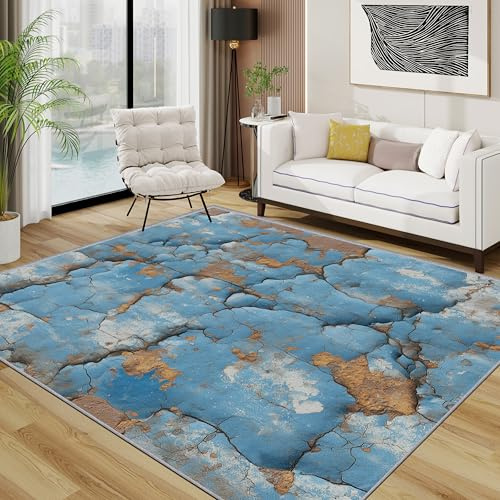 TerroVee Stein Teppich Waschbar, Blau Shabby Chic Retro Teppich 80x150 cm, Einfach Rustikal rutschfest Waschbar Pflegeleicht Teppiche Für Schlafzimmer Küche, Blau