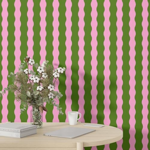 Fchen art Wallpaper Peel and Stick Stripe Self-Adhesive Wallpaper Faux Wood Contact Paper Wood Slats Self Adhesive Wall Paper PVC Vinyl Film Removable Waterproof Pink and Green 45x1000cm