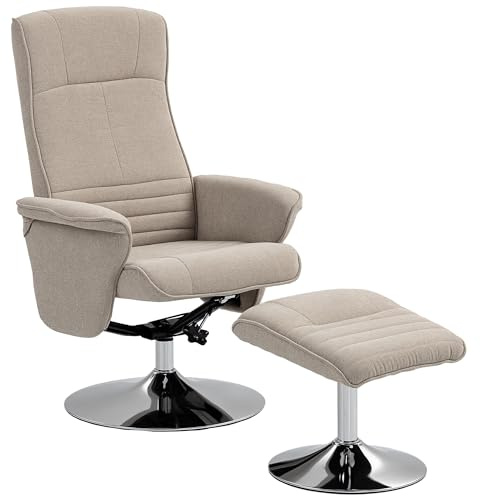 HOMCOM Swivel Recliner Chair with Footstool, Velvet Recliner Armchair with Ottoman, Steel Base, Upholstered Reclining Chair for Living Room, Bedroom, Office, Beige