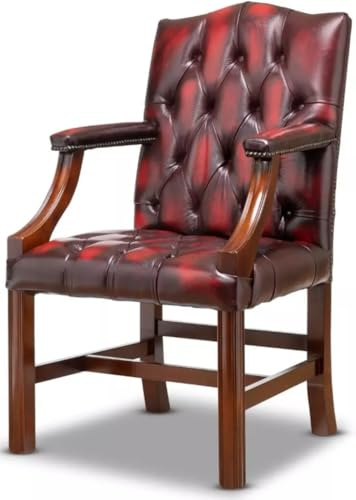 Gainsborough Chesterfield Schreibtischstuhl, 100 % echtes antikes rotes Leder, handgefertigter Besucherstuhl mit tiefer geknöpfter Rückseite, Mahagoni-Massivholzrahmen und bronzefarbenen Nieten
