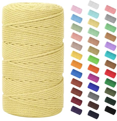 Makramee Garn 3mm x 200m, Baumwollkordel Farbig Baumwollgarn Geflochten Baumwollseil, Natürliche Baumwollschnur für Makramee Wandbehang, Blumenampel, Vorhang und Mehr DIY Deco, Hellgelb