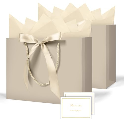 AMFUN Lot de 2 Pochettes Cadeaux avec Anse, Sacs Cadeaux en Papier Avec Ruban d'Arc, Pochettes en Papier avec Anse, Emballage Cadeau pour Noël, les Anniversaires, Mariages, Fête(Or champagne)