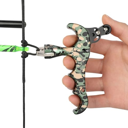 SHARROW Bogenschießen Release Aids Compound Bogen Daumen Release 4 Finger Aluminiumlegierung Auslösehilfen Spannhilfen mit Metall D-Loop für Jagd (Camo)