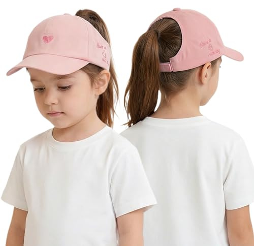 FakeFace Kinder Pferdeschwanz Baseballkappe, Mädchen Sommer Sonnenhut mit Zopf Loch, Herz-Stickerei UV-Schutz Schirmmütze, Verstellbare Basecap Sonnenkappe für 3-8 Jahre Sport Outdoor