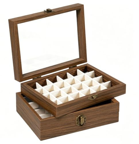 Rebanky 2 Stück Setzkasten für Mineralien und Steine Edelstein Sammelbox Holz Stein Vitrine Holz mit 24 Fächer und Deckel, Rock Display Case mit Schnalle für Steine, Edelsteine, Fossilien